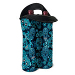 Teal Sugar Skull Flower Pattern Print Double Neoprene Wine Tote