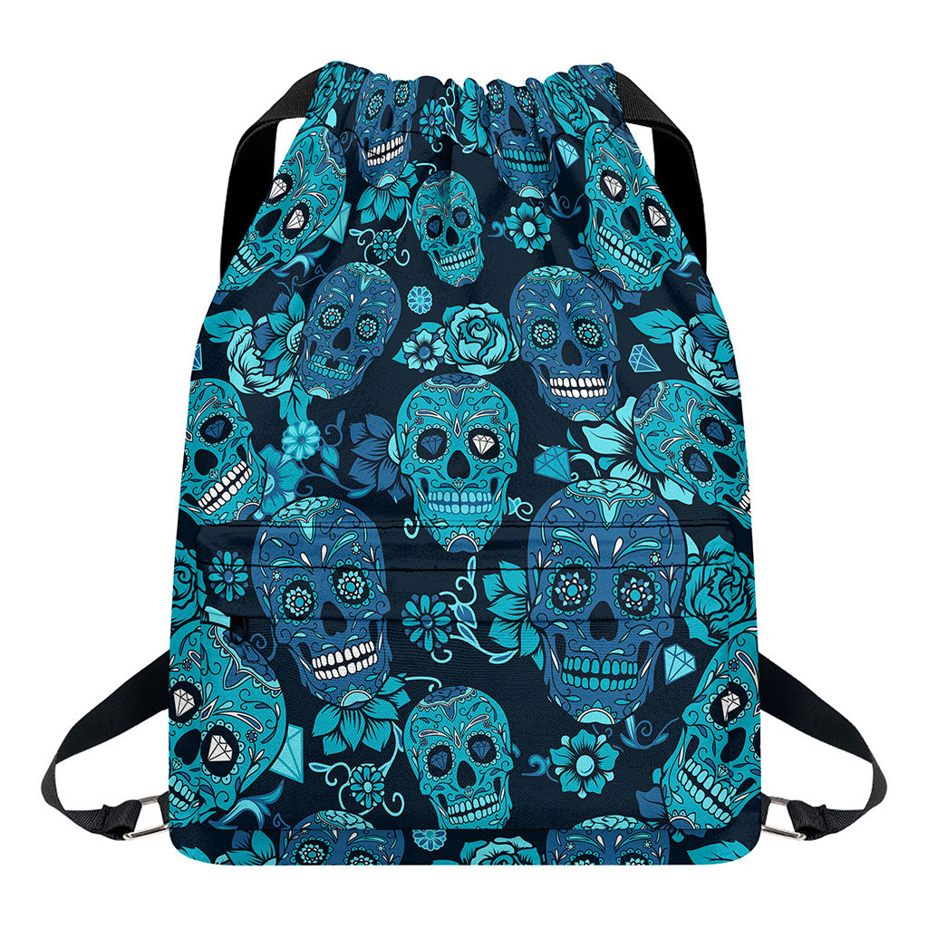 Teal Sugar Skull Flower Pattern Print Drawstring Backpack