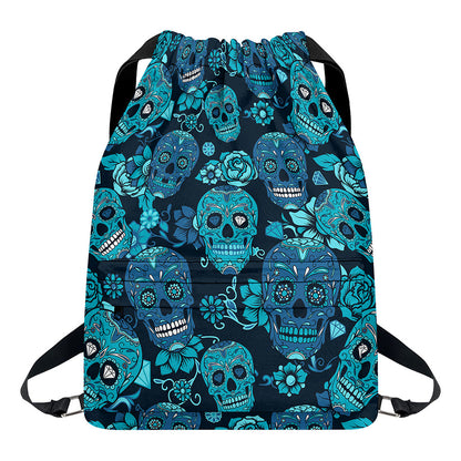 Teal Sugar Skull Flower Pattern Print Drawstring Backpack