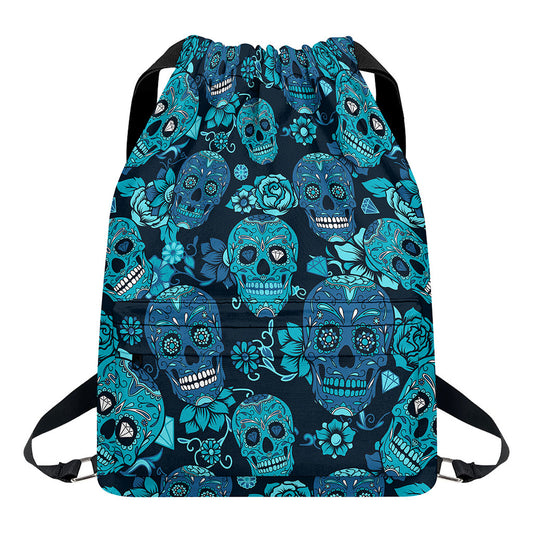 Teal Sugar Skull Flower Pattern Print Drawstring Backpack