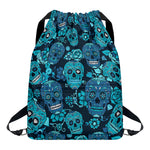 Teal Sugar Skull Flower Pattern Print Drawstring Backpack