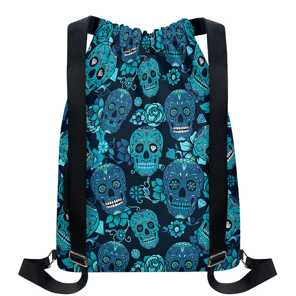 Teal Sugar Skull Flower Pattern Print Drawstring Backpack