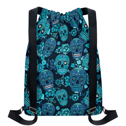 Teal Sugar Skull Flower Pattern Print Drawstring Backpack