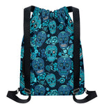 Teal Sugar Skull Flower Pattern Print Drawstring Backpack