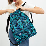 Teal Sugar Skull Flower Pattern Print Drawstring Backpack