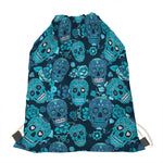 Teal Sugar Skull Flower Pattern Print Drawstring Bag