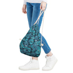 Teal Sugar Skull Flower Pattern Print Drawstring Bag