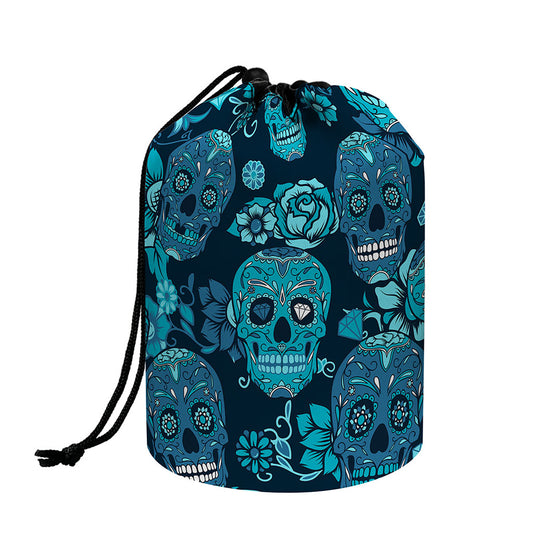 Teal Sugar Skull Flower Pattern Print Drawstring Makeup Bag