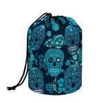 Teal Sugar Skull Flower Pattern Print Drawstring Makeup Bag