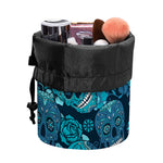 Teal Sugar Skull Flower Pattern Print Drawstring Makeup Bag