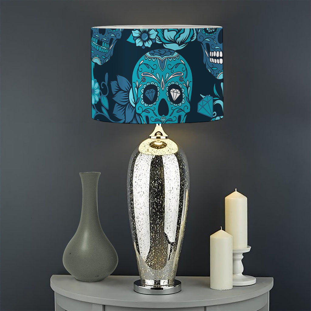 Teal Sugar Skull Flower Pattern Print Drum Lamp Shade