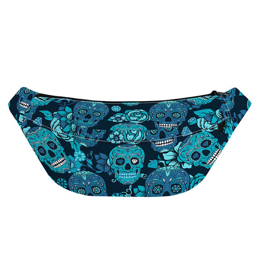 Teal Sugar Skull Flower Pattern Print Fanny Pack
