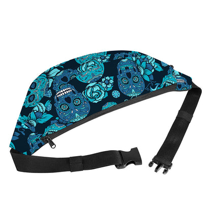 Teal Sugar Skull Flower Pattern Print Fanny Pack