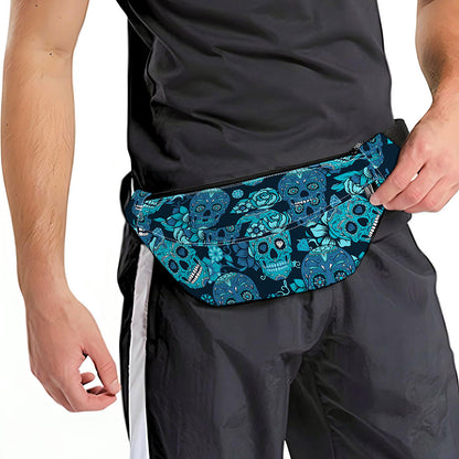 Teal Sugar Skull Flower Pattern Print Fanny Pack