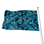 Teal Sugar Skull Flower Pattern Print Flag
