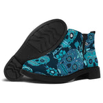 Teal Sugar Skull Flower Pattern Print Flat Ankle Boots