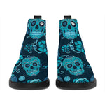 Teal Sugar Skull Flower Pattern Print Flat Ankle Boots