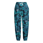 Teal Sugar Skull Flower Pattern Print Fleece Lined Knit Pants