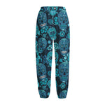 Teal Sugar Skull Flower Pattern Print Fleece Lined Knit Pants