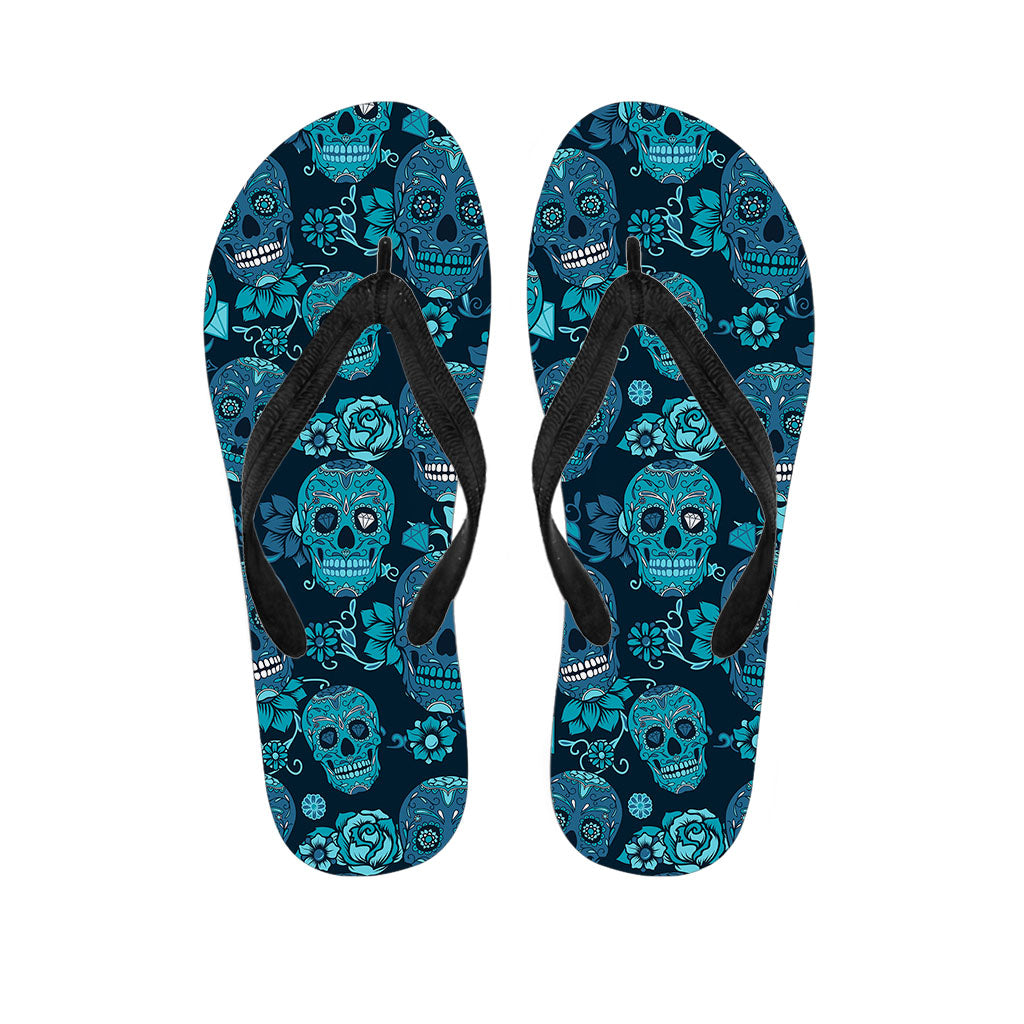 Teal Sugar Skull Flower Pattern Print Flip Flops