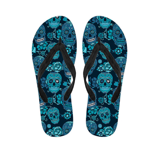 Teal Sugar Skull Flower Pattern Print Flip Flops