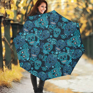 Teal Sugar Skull Flower Pattern Print Foldable Umbrella