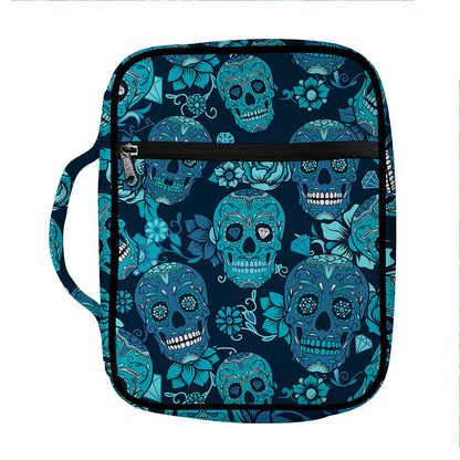 Teal Sugar Skull Flower Pattern Print Front Pocket Bible Bag