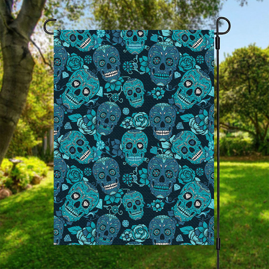 Teal Sugar Skull Flower Pattern Print Garden Flag