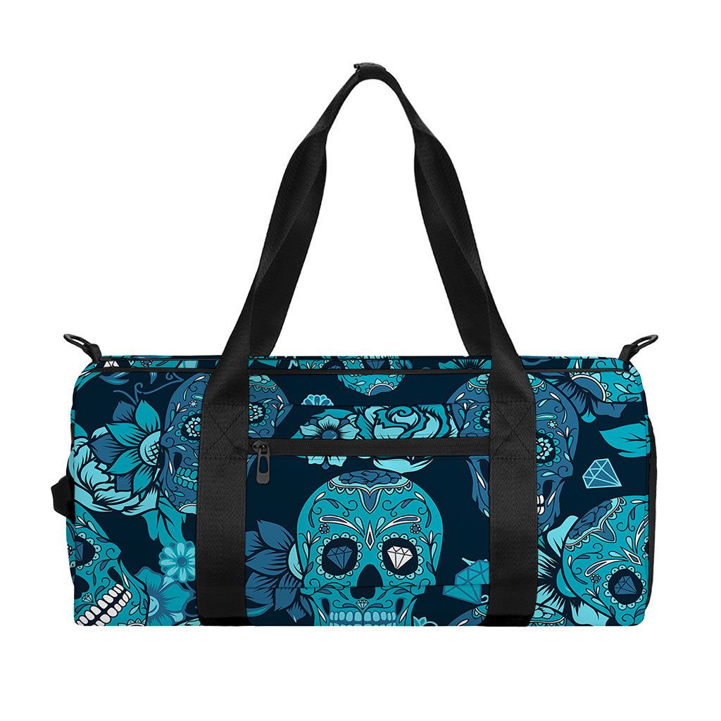 Teal Sugar Skull Flower Pattern Print Gym Bag