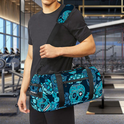 Teal Sugar Skull Flower Pattern Print Gym Bag