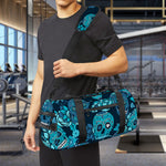 Teal Sugar Skull Flower Pattern Print Gym Bag