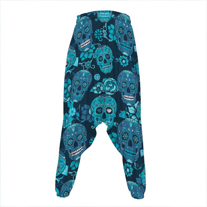 Teal Sugar Skull Flower Pattern Print Hammer Pants