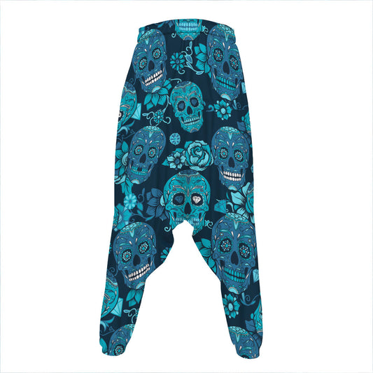 Teal Sugar Skull Flower Pattern Print Hammer Pants