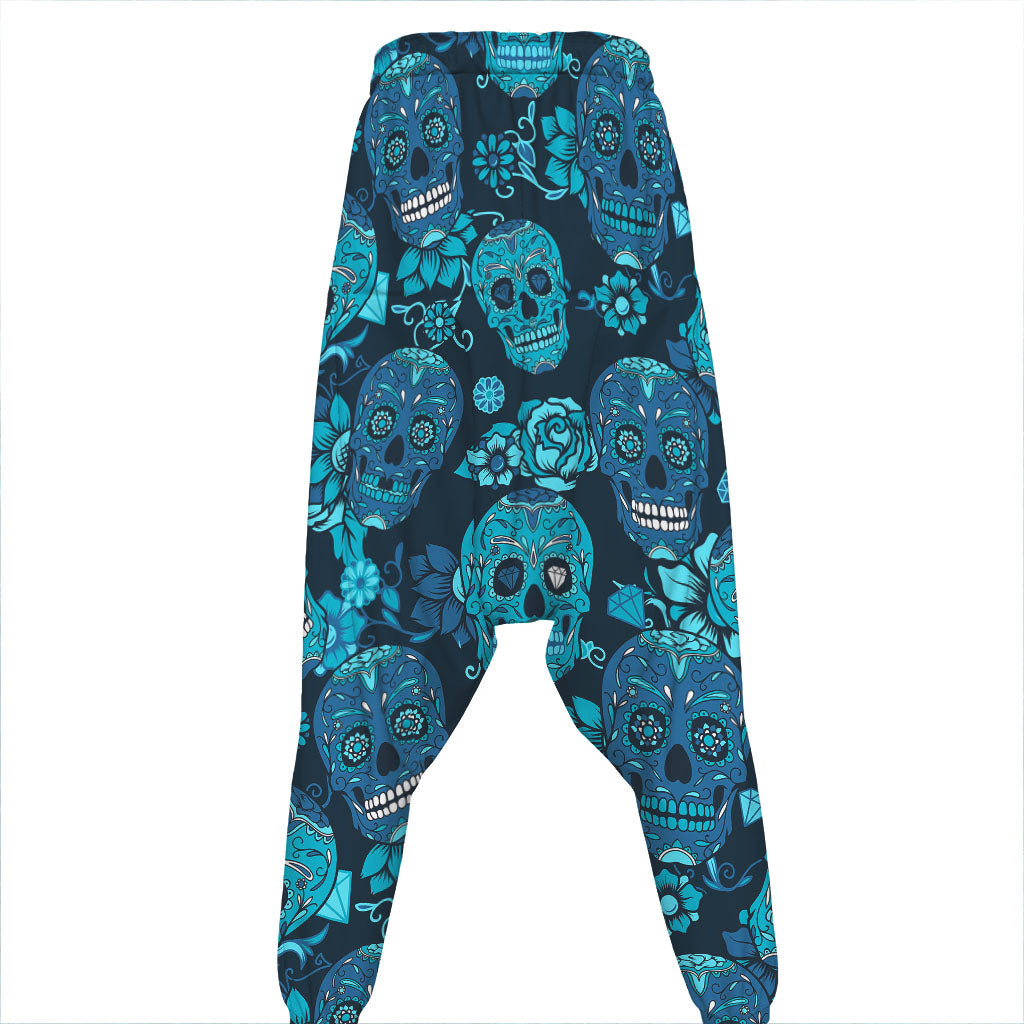 Teal Sugar Skull Flower Pattern Print Hammer Pants