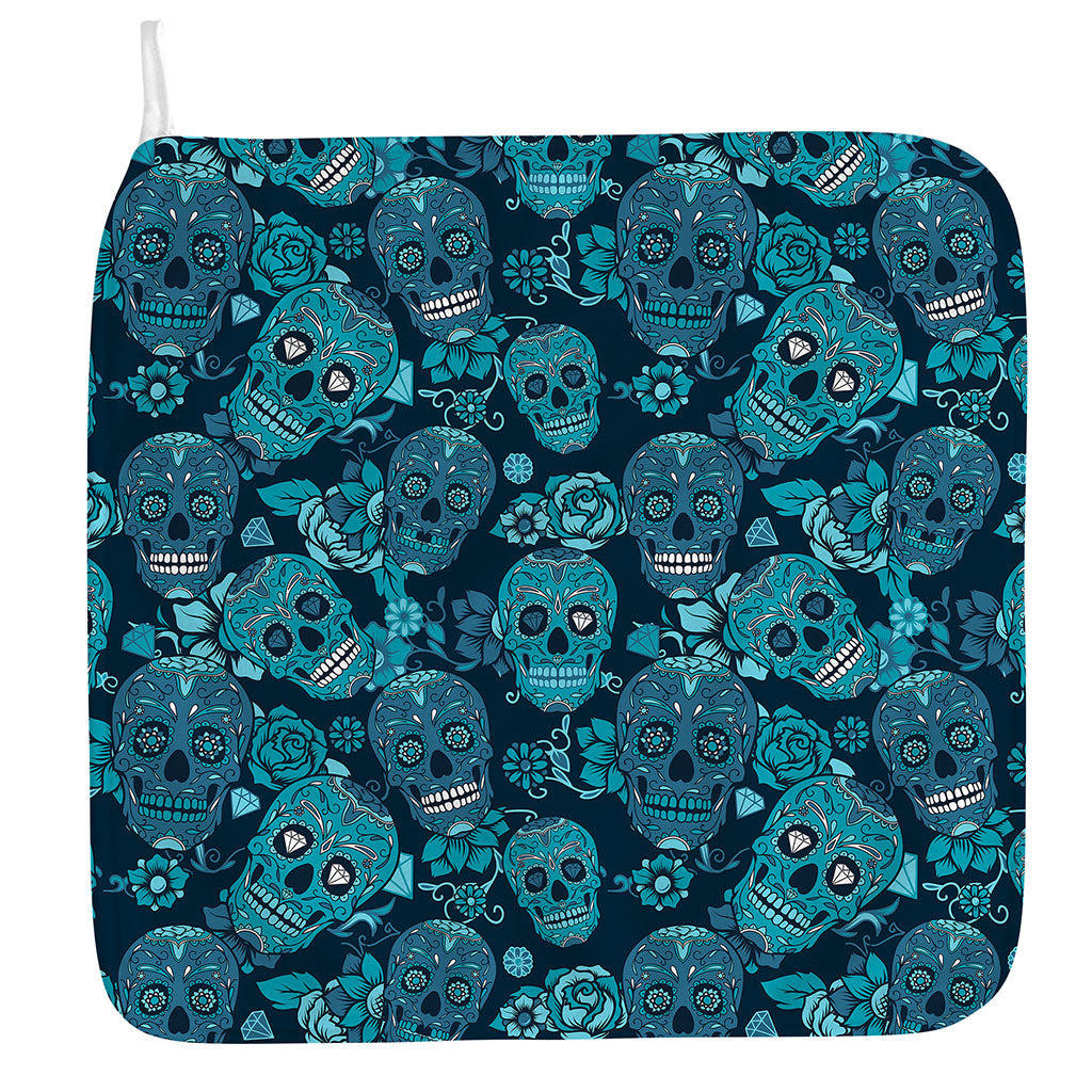 Teal Sugar Skull Flower Pattern Print Hand Towel