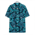 Teal Sugar Skull Flower Pattern Print Hawaiian Shirt