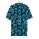 Teal Sugar Skull Flower Pattern Print Hawaiian Shirt