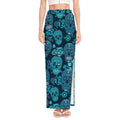 Teal Sugar Skull Flower Pattern Print High Slit Maxi Skirt