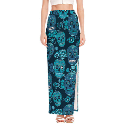 Teal Sugar Skull Flower Pattern Print High Slit Maxi Skirt