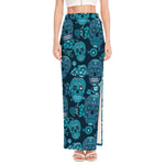 Teal Sugar Skull Flower Pattern Print High Slit Maxi Skirt