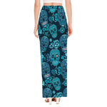 Teal Sugar Skull Flower Pattern Print High Slit Maxi Skirt