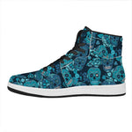 Teal Sugar Skull Flower Pattern Print High Top Leather Sneakers