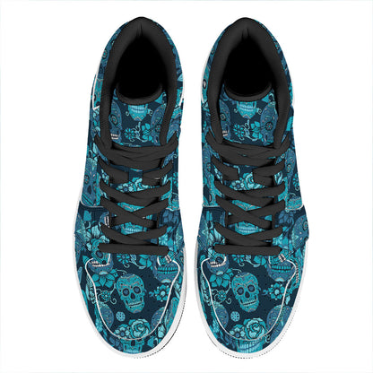 Teal Sugar Skull Flower Pattern Print High Top Leather Sneakers