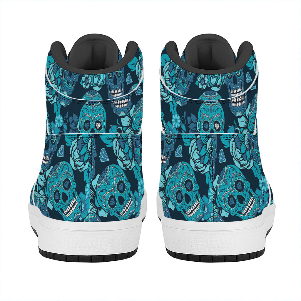 Teal Sugar Skull Flower Pattern Print High Top Leather Sneakers