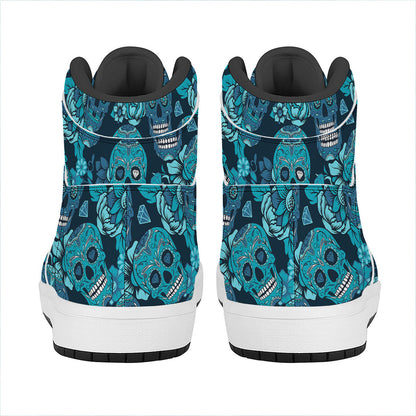 Teal Sugar Skull Flower Pattern Print High Top Leather Sneakers