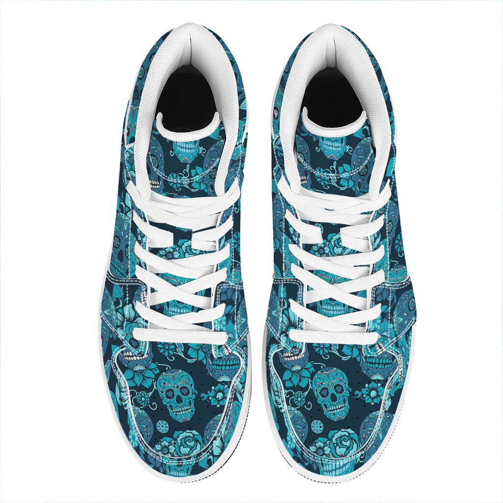 Teal Sugar Skull Flower Pattern Print High Top Leather Sneakers