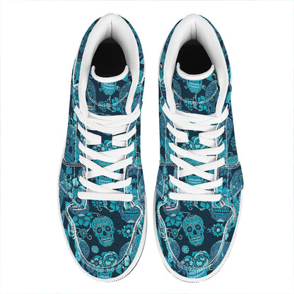 Teal Sugar Skull Flower Pattern Print High Top Leather Sneakers