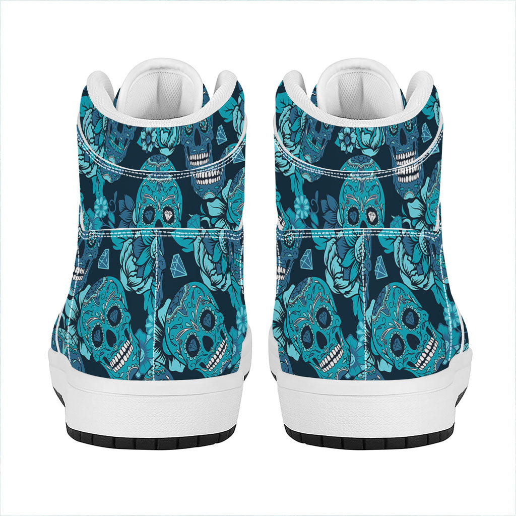 Teal Sugar Skull Flower Pattern Print High Top Leather Sneakers