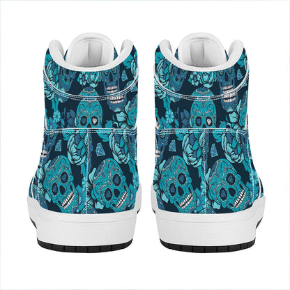 Teal Sugar Skull Flower Pattern Print High Top Leather Sneakers