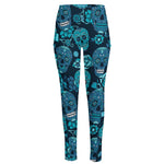 Teal Sugar Skull Flower Pattern Print High-Waisted Pocket Leggings